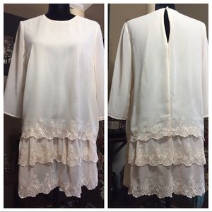 Women's Cream Chiffon 3/4 Sheer Sleeve Tiered Dress Size 8. H&M Divided